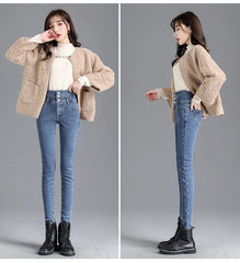Thick Fleece High-waist Warm Skinny Jeans Stretch Button