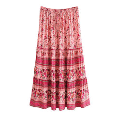 Boho Hippie Women Elastic Waist Beach Skirt Pink Floral Printed