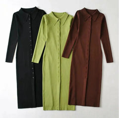 Single-Breasted Buttons Bodycon Dresses Midi Slit Long Sleeve Sweater