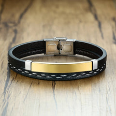 Leather Bracelets for Men Glossy Stainless Steel Layered Braided