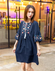 Women Vintage Floral Embroidery Dresses Bow Tie Lantern Long Sleeve Casual