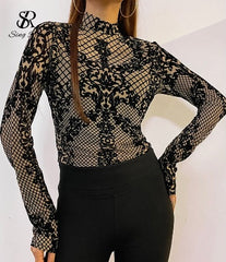 Leopard Print Fashion Push Up Bodysuit Long Sleeve Women Top