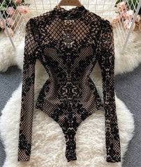 Leopard Print Fashion Push Up Bodysuit Long Sleeve Women Top