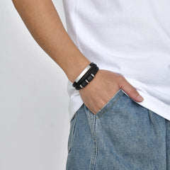 Bracelets for Men Black PU Leather Bangle with Metal Tube Charm