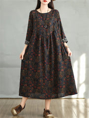Cotton Vintage Long Sleeve Print Casual Loose Dress
