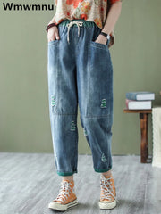Streetwear Ripped Hole Harem Jeans Baggy Ankle-length Denim