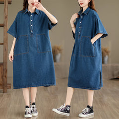 Denim Dress Loose Plus Size Short Sleeve POLO Neck Jeans