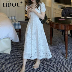 Elegant Hollow Out White Midi Dress Short Sleeve Clothes