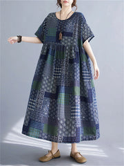 Cotton Vintage Short Sleeve Print Casual Loose Long Dress Clothing