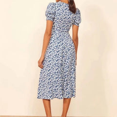 White Floral Print Hem Slit Midi Dress Retro French style Square Collar