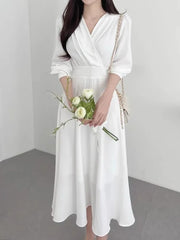 Fashion Long Sleeve V-neck Dress Casual Solid Color High Waist Clothes Streetwear