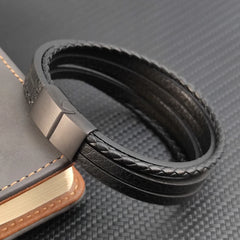 Multi-layer Leather Bracelet Stainless Steel Bangles For Men