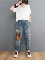 Embroidery Denim Pants For Trendy Casual High Waist Harem Jeans