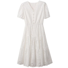 Women Hollow Embroidery White Elegant Party Dresses