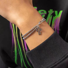 Double Chain Hollow Cross Pendant Stainless Steel Bracelet Fashion