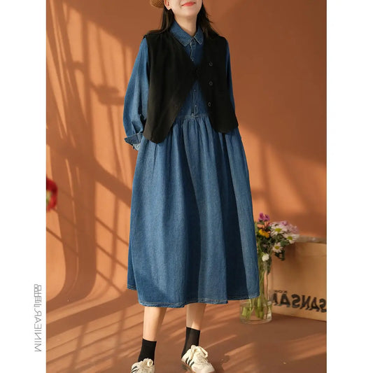 Dresses Single Breasted Turn Down Collar Denim Dress Solid Pockets