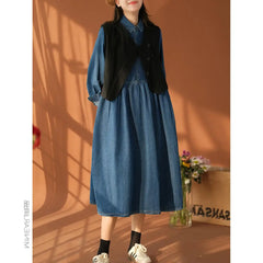 Dresses Single Breasted Turn Down Collar Denim Dress Solid Pockets