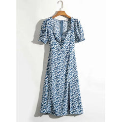 White Floral Print Hem Slit Midi Dress Retro French style Square Collar