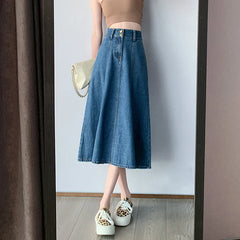 Streetwear Lady Denim Mid Length Skirt Casual High Waist