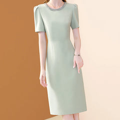 Elegant Women O-neck Embroidered Flares Dress Chic Office A-line