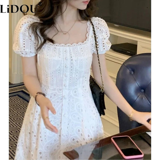 Elegant Hollow Out White Midi Dress Short Sleeve Clothes