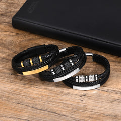 Bracelets for Men Black PU Leather Bangle with Metal Tube Charm