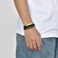 Bracelets for Men Black PU Leather Bangle with Metal Tube Charm