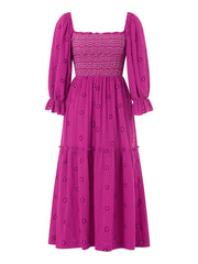 Embroidery Flower A-Line Dress Women's Puff Long Sleeve Square Neck