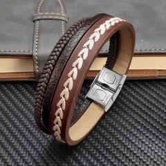 Style Brown Multilayer Man Bracelet Braided Rope Stainless Steel