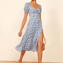 White Floral Print Hem Slit Midi Dress Retro French style Square Collar