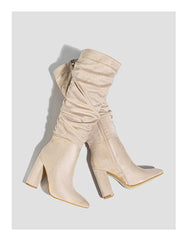 Street Style Pleated Pointed Toe Zip Thigh High Boots Square Heel