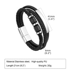 Bracelets for Men Black PU Leather Bangle with Metal Tube Charm