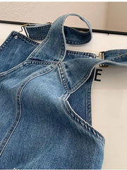 Retro Blue Jeans Suspender Trousers Casual Loose High Waist Denim Pants