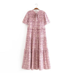 BOHO Paisley Flower Print Midi Dress Hippie Ruffles Robe