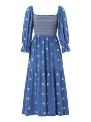 Embroidery Flower A-Line Dress Women's Puff Long Sleeve Square Neck