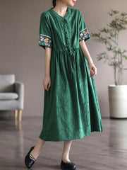 Women Cotton Linen Casual Dress Vintage Style V-neck Floral