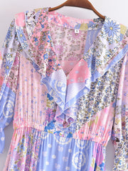 BOHO Contrast Color Flower Print Maxi Long Dress Hippie Ruffles