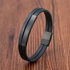 Simple Style Men's Black Genuine Leather Bracelet Classic Bangles