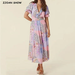 BOHO Contrast Color Flower Print Maxi Long Dress Hippie Ruffles