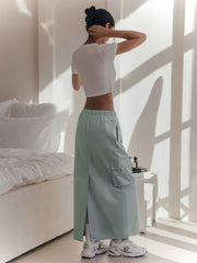 Cargo Skirts Drawstring Elastic Waist Full Length