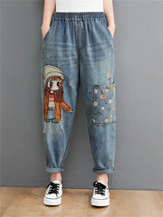 Embroidery Denim Pants For Trendy Casual High Waist Harem Jeans