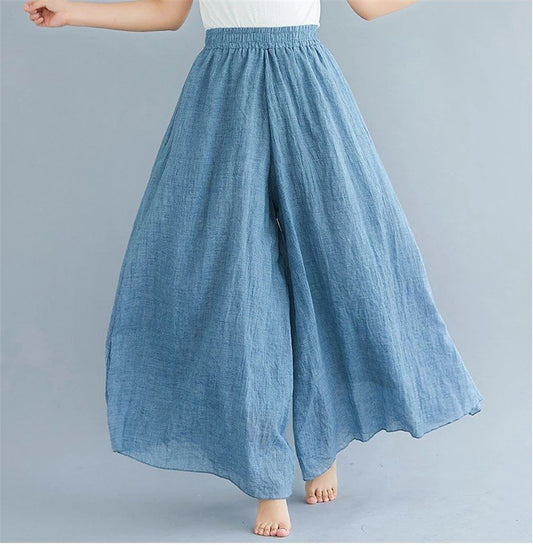 Baggy Cotton Linen Culotte Pants Casual Wide Leg Pantalones