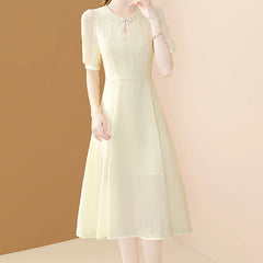 Apricot O-neck Puff Sleeve Casual Office A-line Dresses