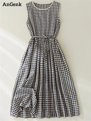 Cotton Linen Plaid Vintage Casual Fashion Dress Clothing