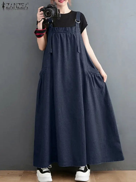 Elegant Overalls Dress Oversized Sundress Vintage Straps Solid A-line Denim