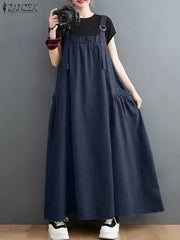 Elegant Overalls Dress Oversized Sundress Vintage Straps Solid A-line Denim