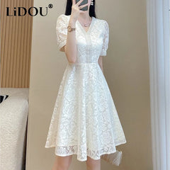 V-neck Elegant Fashion Beading Waist A-line Lace Dress W