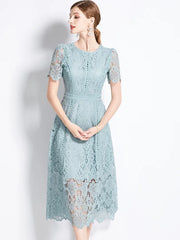 Vintage Lace Hollow Out Prom Short Sleeve Long Dress Clothing