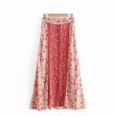 Hippie Front Button Cute Floral Printed Bohemian Long Maxi Skirts