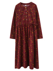 Long Sleeve Cotton Linen Vintage Floral Print Dresses